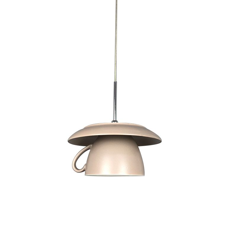1-Light Restaurant Hanging Lighting Macaron Pink/Grey/Green LED Drop Pendant Lamp with Coffee Cup Ceramics Shade