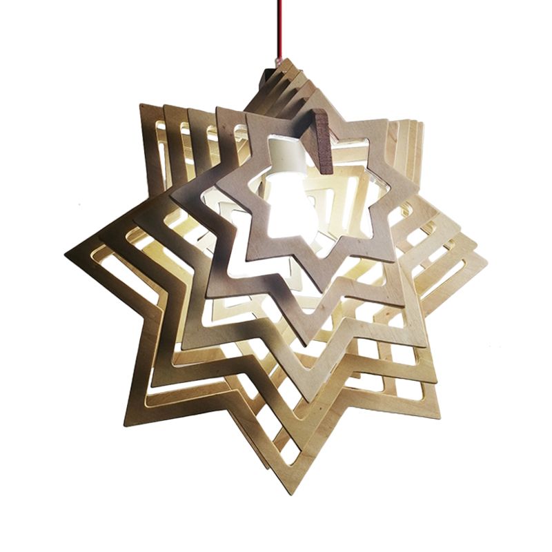 Moderne Anise Star Hanging Lamp Kit Wood 1 Head Living Room Hollowed-Out Pendulum Light in Beige