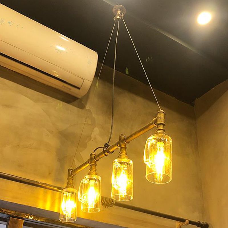 Clear Glass Beer Mug Island Pendant Light Rustic Bar Ceiling Light with Water Pipe in Bronze