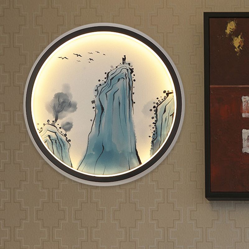 Blue Mount Tai Drawing Mural Lamp Chinese Aluminum LED Circular Sconce Lighting Fixture