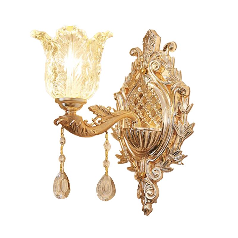 Single Ruffle Glass Wall Light Traditional Gold Floral Shade Bedroom Wall Mounted Lamp