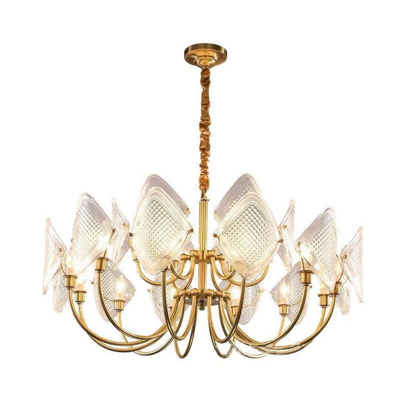 Rombus Sala de estar Candelier de vidrio de cuadrícula posmoderna 15/12/18 Bulbos de latón Suspension Luz de colgante