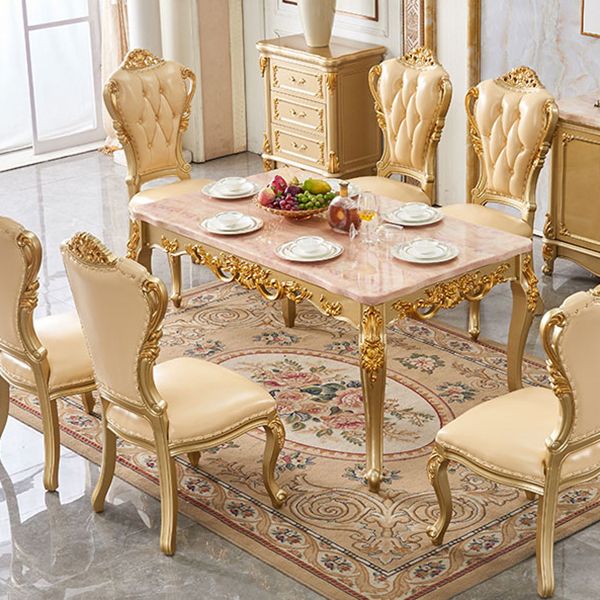 Solid Wood Victorian Rectangular Dining Table Marble Top Table with 4 Legs