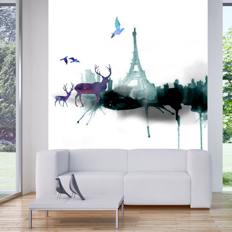 Artistic Watercolor Deer Mural Grey and Green Landscape Painting Wall Covering for Accent Wall