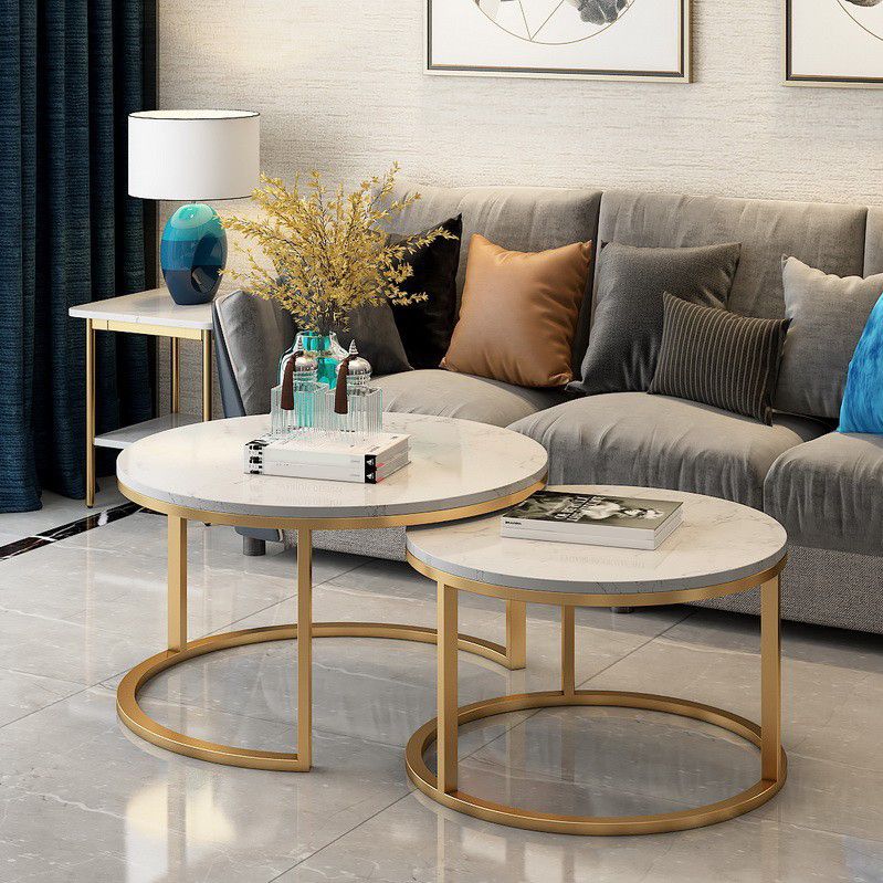 Glam Round Nesting Coffee Table with Marble Top and Metal Base