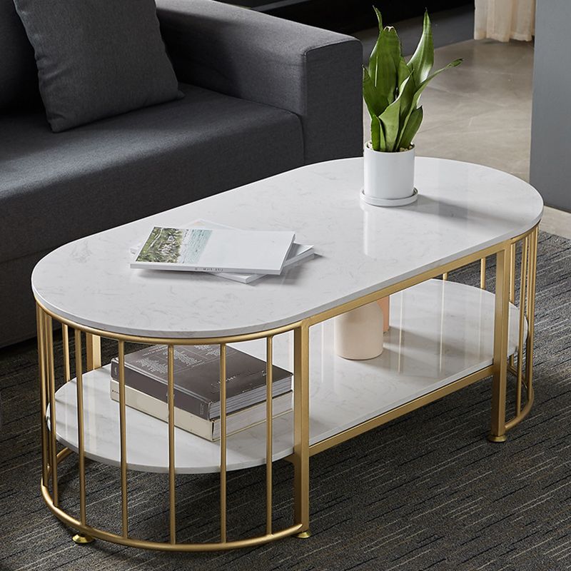 Glam Oval Marble Coffee Table 17.7"H Steel Sled Cocktail Table with Shelf