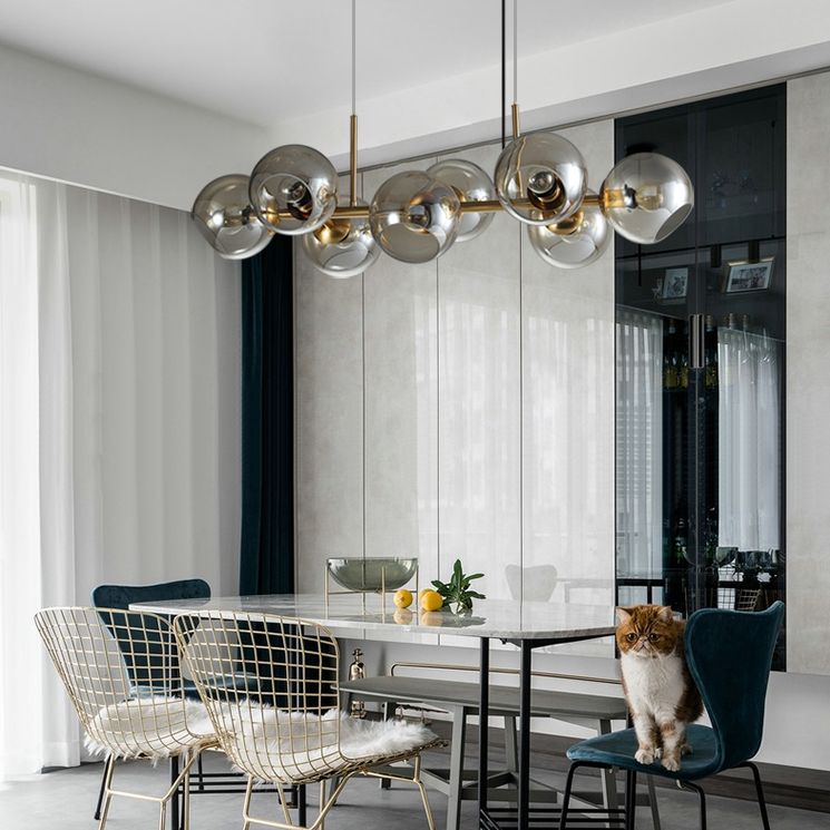 8 Light Mid-Century Gold Metal Island Pendants Lighting Light Spherical Glass Island Plafond Light for Dining Table