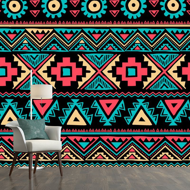 Boho-Chic Seamless Pattern Murals Red-Yellow-Green Bedroom Wall Covering, Custom Print