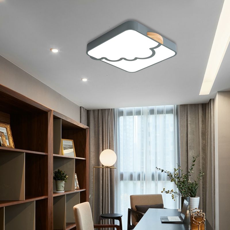 Plafonnier carré moderniste en acrylique gris/blanc/vert LED pour chambre à coucher avec motif nuage