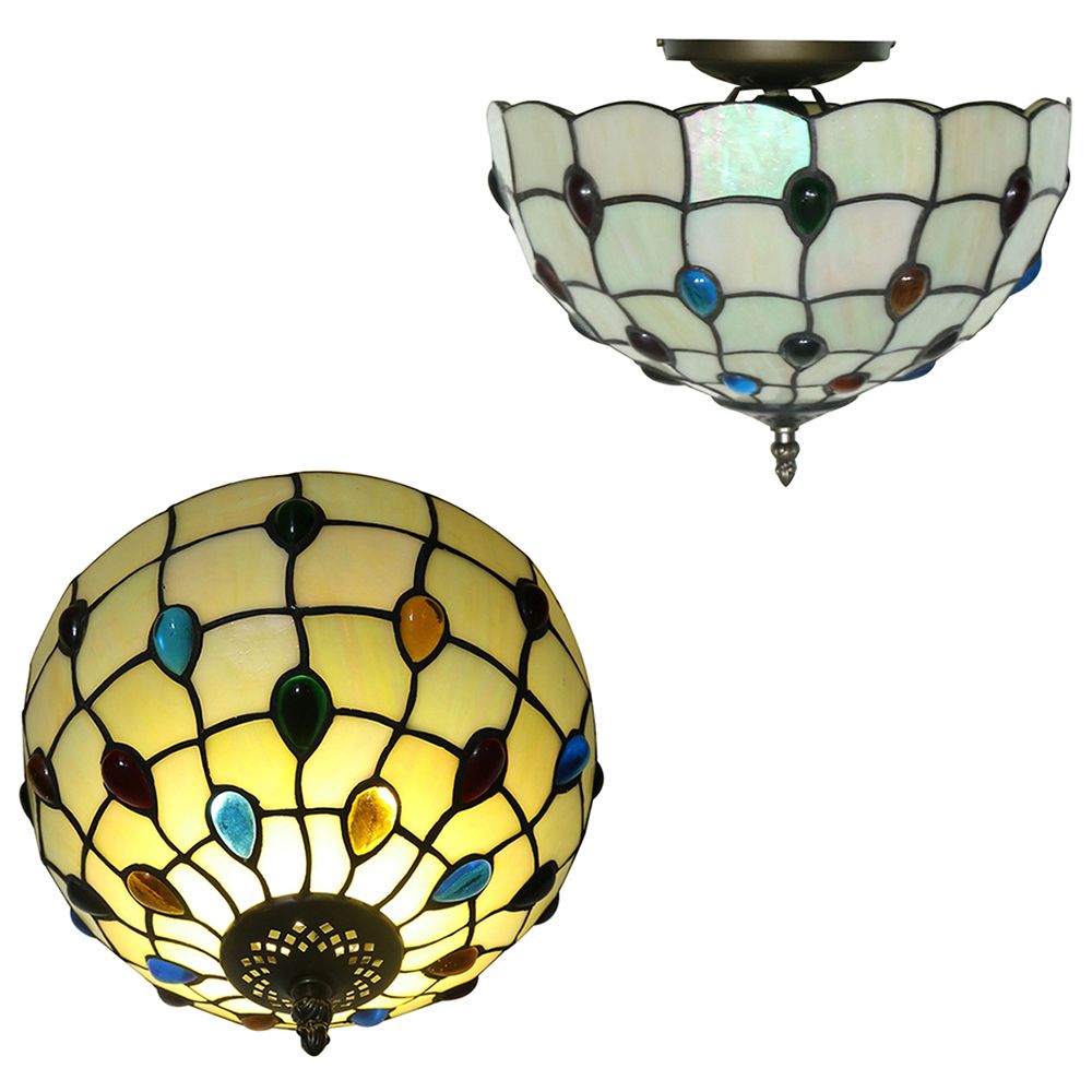 12/16/19.5-Inch Wide Bowl Ceiling Light Retro Style Stained Glass 1/2/3 Light Jewel Flushmount Ceiling Light in Beige/White/Yellow