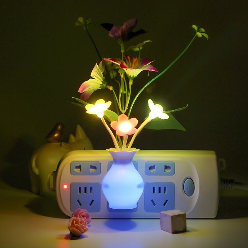 Glowing Tulip Flower LED Night Lamp Modern Plastic Bedside Plug-in Wall Lighting in Multicolored Light