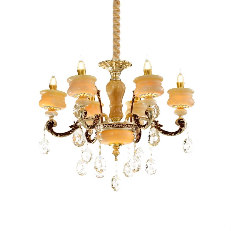 Gold Candlestick Hanging Chandelier Vintage Jade 6/8 Bulbs Bedroom Pendant Light with Crystal Drop