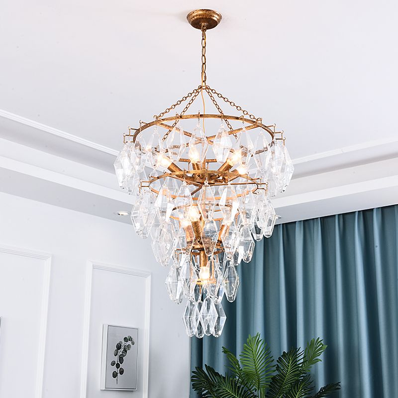 Gold Conical Chandelier Light Rustic Crystal 10 Lights Living Room Suspension Pendant