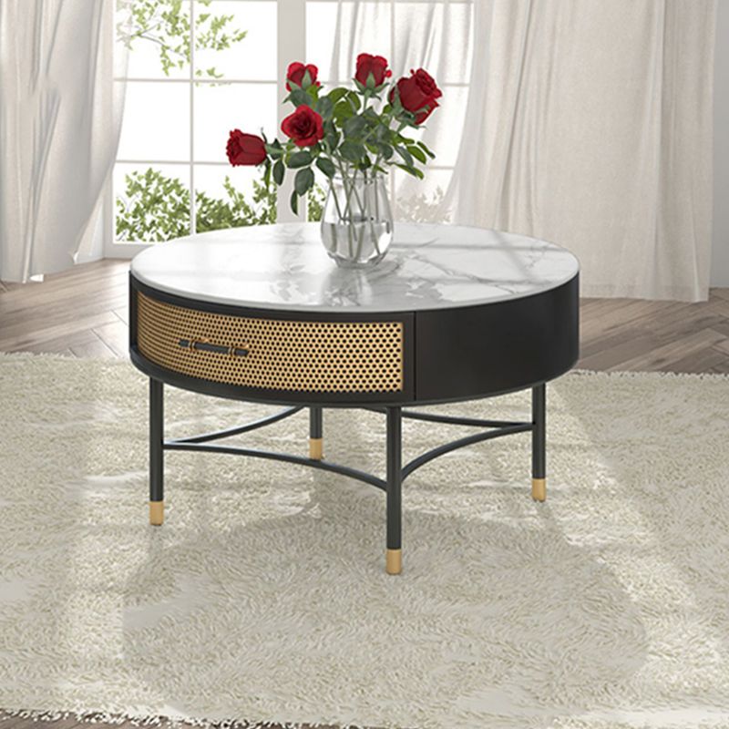 17"H Glam Cocktail Table Storage Round 4 Legs Stone Coffee Table