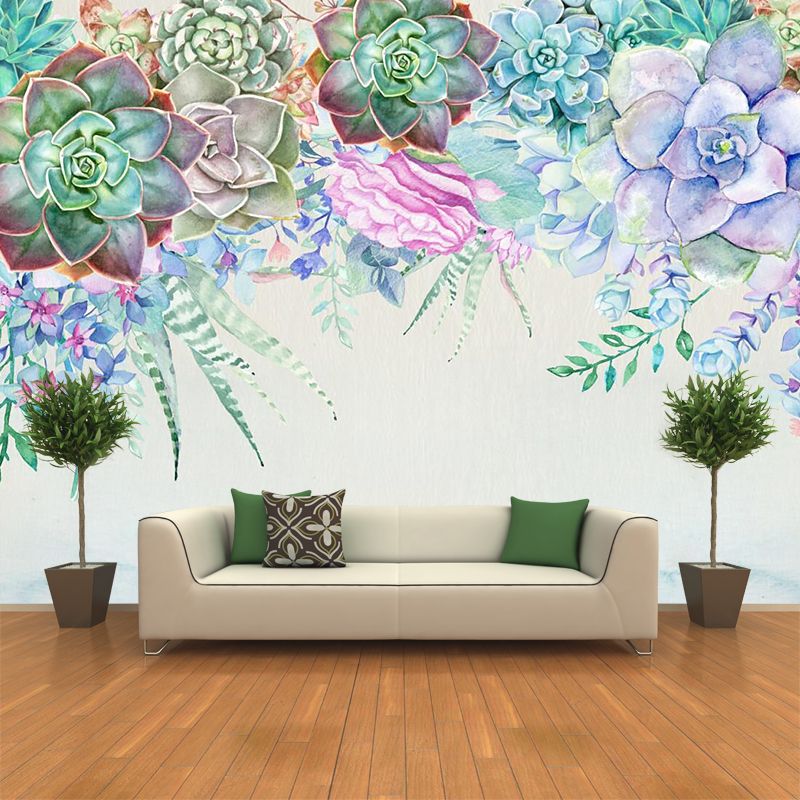 Succulent Plants Mural Wallpaper in Blue and Green, Contemporary Wall Art for Living Room