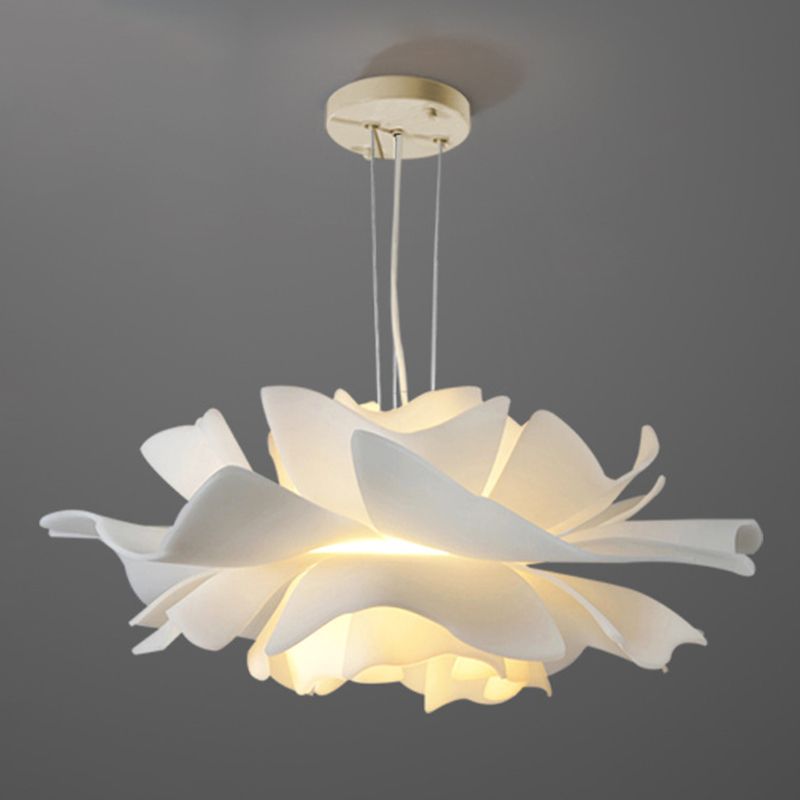 Tulle-Like Floral Chandelier Decorative Plastic Cafe LED Suspension Lighting Fixture in White