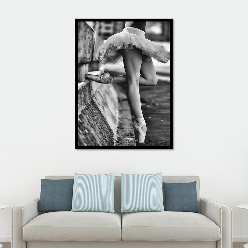 Retro Photo Ballerina Practising Canvas Art Grey Girls Bedroom Wall Decor, Textured