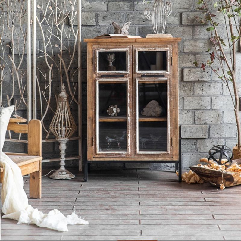 Industrial Rectangle Solid Wood With Doors Cabinet Distressed Wood Accent Cabinet