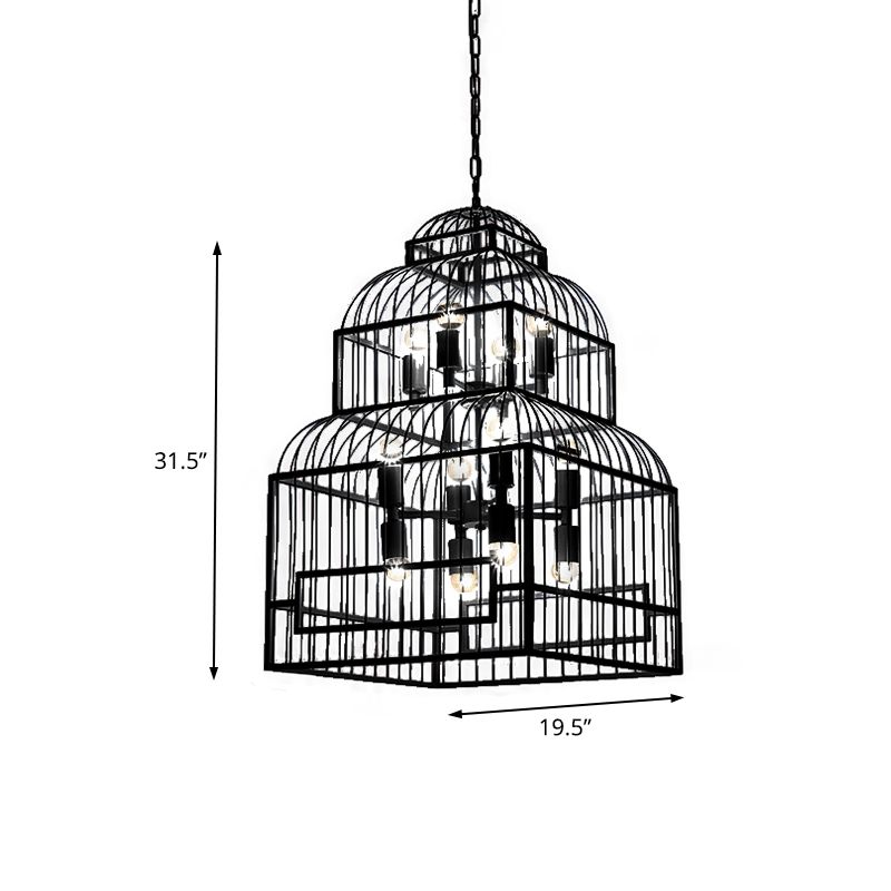 12 Lights Metal Chandelier Lighting Rustic Black/Wood Exposed Bulb Living Room Hanging Ceiling Fixture with Cage