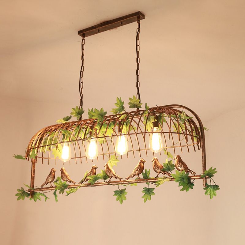 Birdcage Dining Room Island Light Iron Industrial Iron a 4 teste Black/Bronzo sospeso con pianta decorativa e uccello
