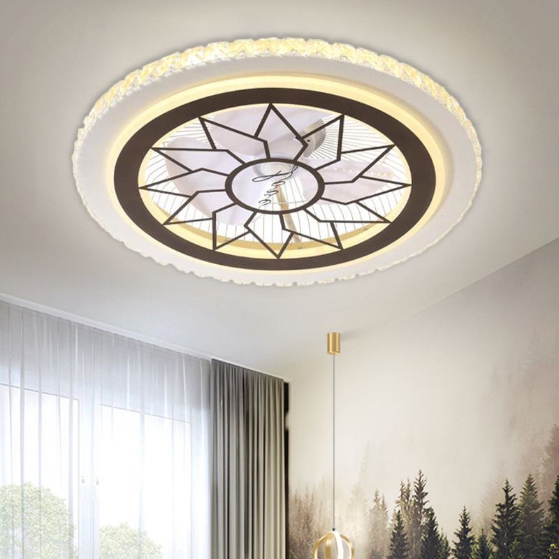 21.5' W LED Crystal Blocks Hanging Fan Lamp Contemporary White Round Dinning Room Semi Flush Light with 7 Blades