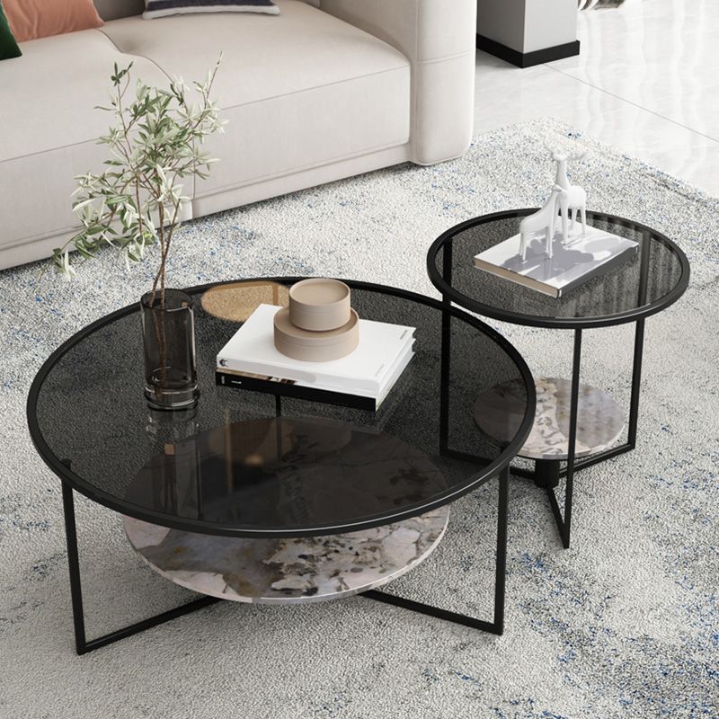 Contemporary Coffee Table Round Glass Top Cocktail Table with Storage