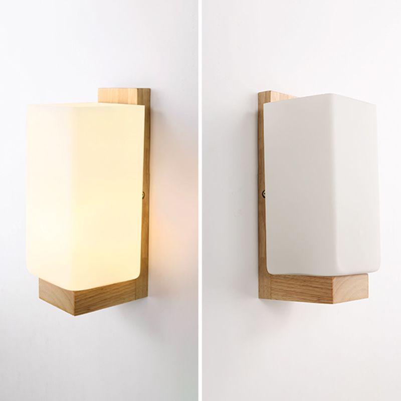 Modern Style Solid Wood Bedside Wall Sconce 1-Lights Rectangle White Frosted Glass Shade Wall Lamp