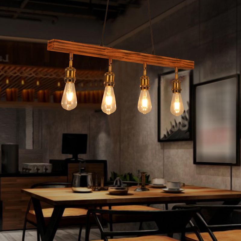Industrial Island Light 4 Lights Island Hanging Light with Wood for Dining Room