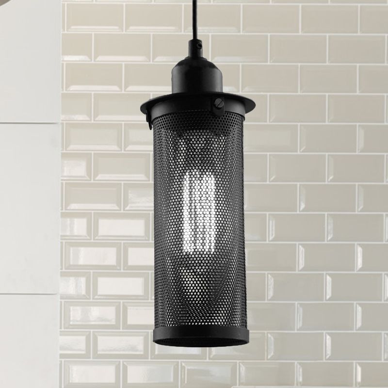 Metal Black/Rust Hanging Pendant Lamp Cylindrical 1 Head Industrial Ceiling Lighting with Mesh Cage Shade