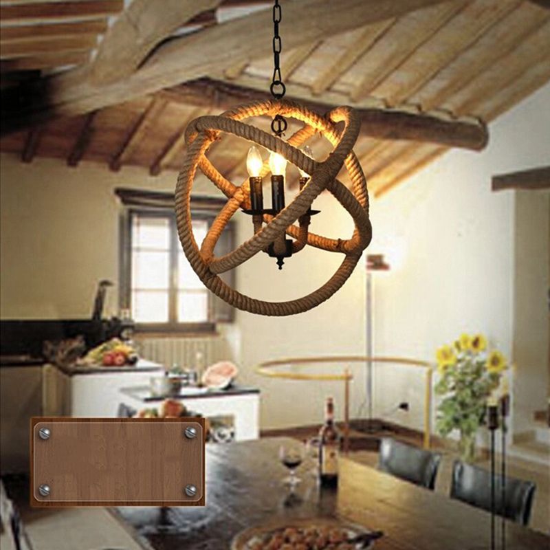 Rope Antique Cage Chandelier 3-Light Hanging Pendant Lights for Dining Room