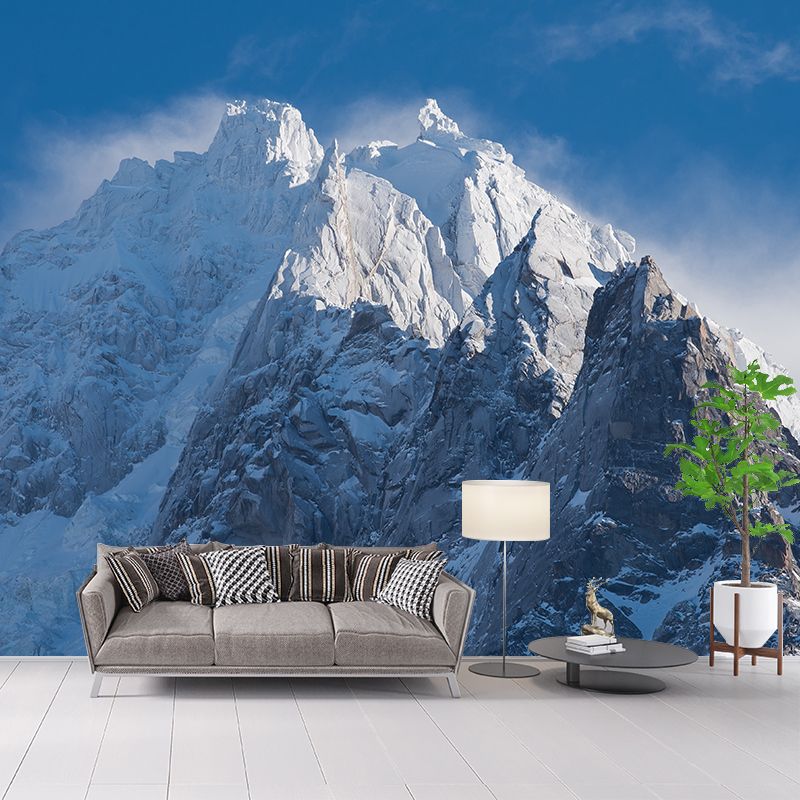 Blue-White Mountain Peaks Murals Snow Landscape Modern Moisture Resistant Wall Covering
