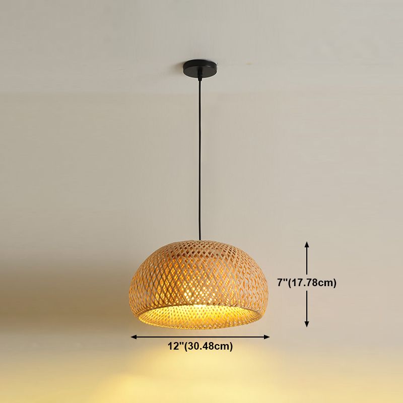 Cross-Woven Bamboo Pendant Lamp Asian Style 1 Bulb Domed Suspension Light