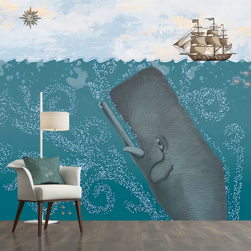 Wandgemälde für Kinder in voller Größe, Pastellfarben, Unterwasserwal und Segelboot, Wanddekoration, personalisierte Größe