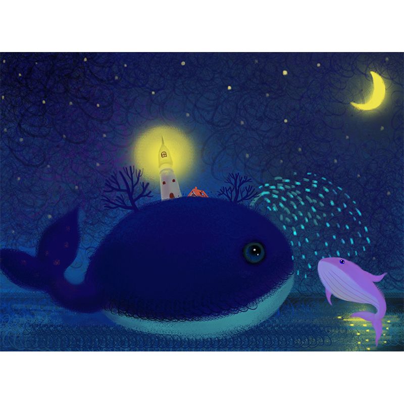Illustration Childrens Art Mural Blue-Yellow Lighthouse in Whale Under Starry Sky Wall Covering, Custom Made