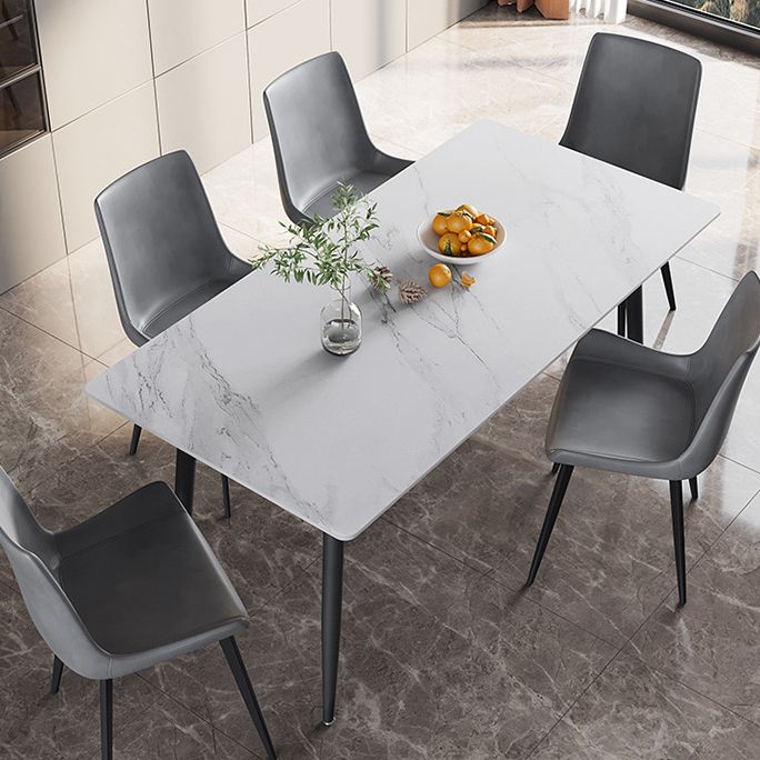 Modern Sintered Stone White Dining Set with Rectangle Table and Black Legs Kitchen Dining Set