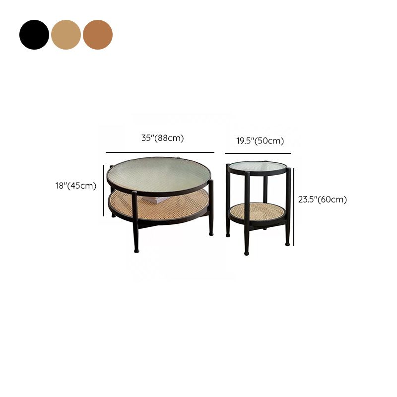 Tropical Round Cocktail Table Glass Top Coffee Cocktail Table with Shelf
