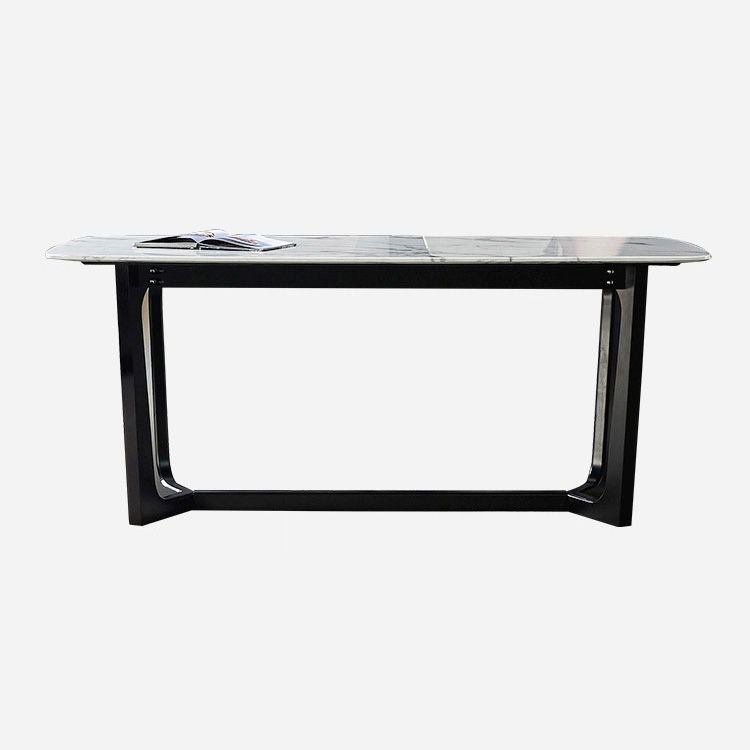 Mesa industrial rectangular con base de caballete, mesa fija en tono gris con piedra sinterizada