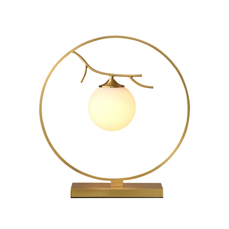 Postmodern Ball Shade Nightstand Lamp Ivory Glass 1-Light Living Room Table Light in Brass