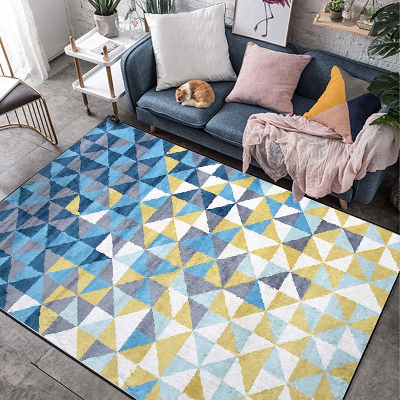 Blue and Yellow Bedroom Rug Modern Geometric Triangle Pattern Area Rug Polyester Machine Washable Non-Slip Carpet