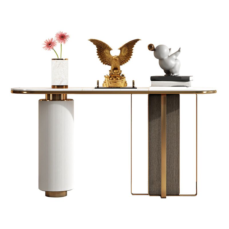 Glam Oval Console Table Stone White Console Sofa Table for Hall