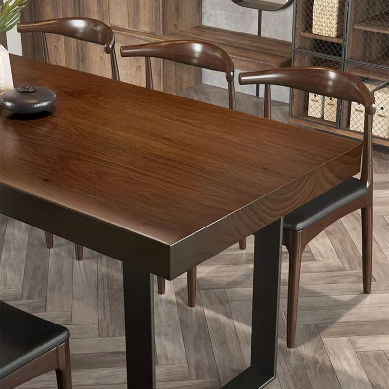 Brown Solid Wood Top Table Rectangle Black Iron Sled Base Dining Table