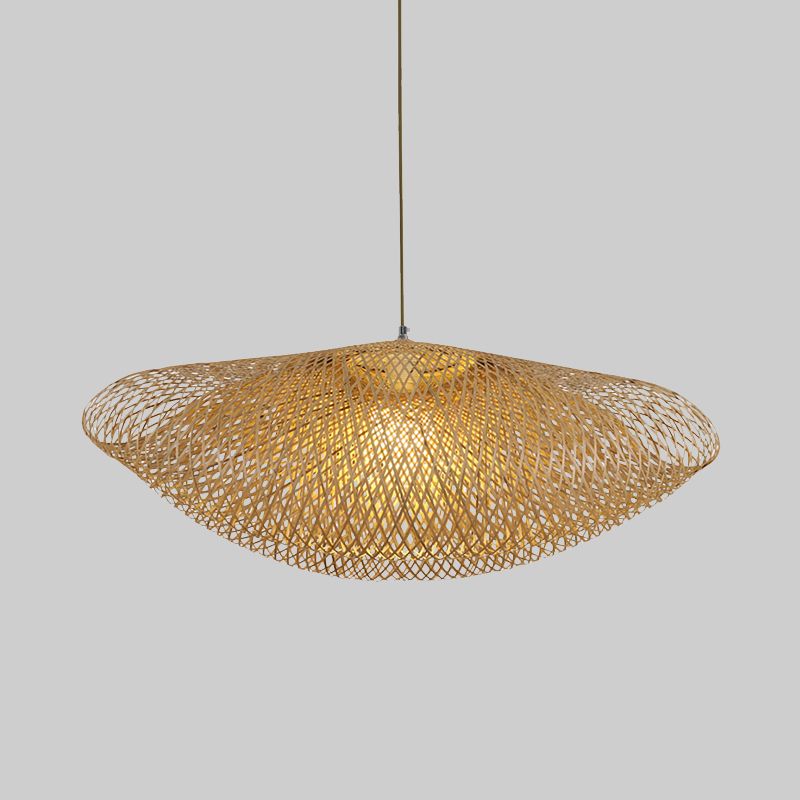 Asian 1 Bulb Hanging Light Flaxen Curved Pendant Lighting Fixture with Bamboo Shade