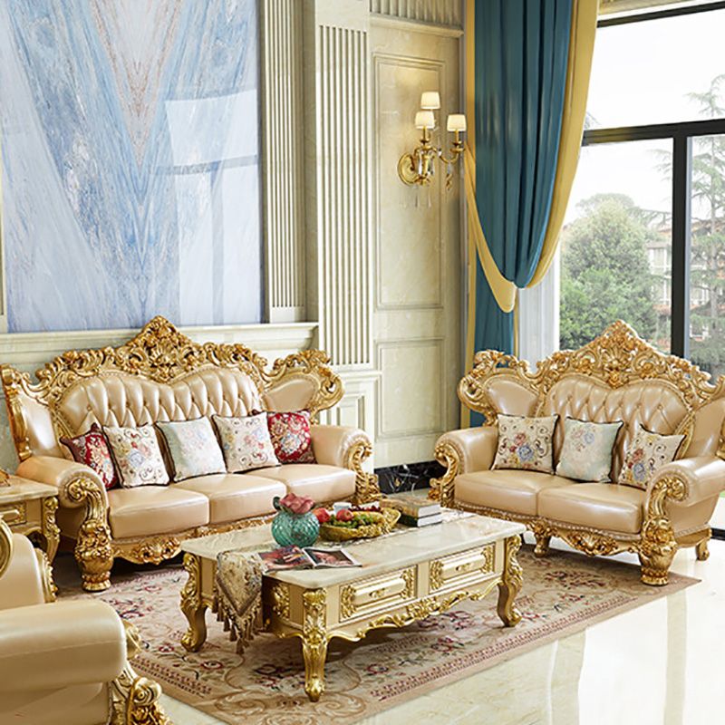 Gold Genuine Leather Sofa Tufted Split-Back Rolled Arm Sofa for Living Room