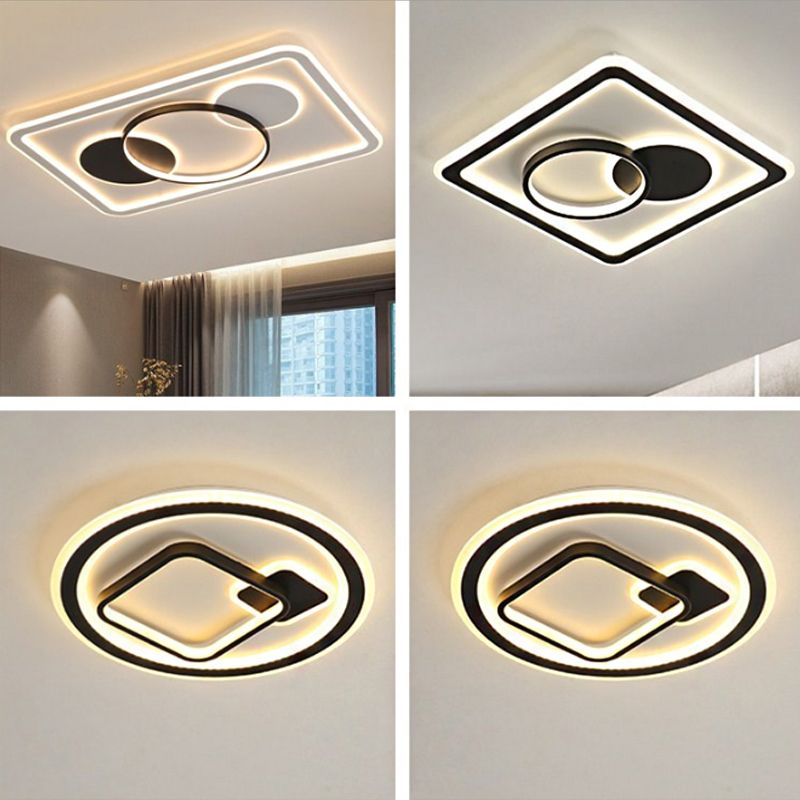 Round/Square Hotel Ceiling Fixture Aluminum Modern Style LED Flush Mount Lamp in Black, Warm/White/3 Color Light