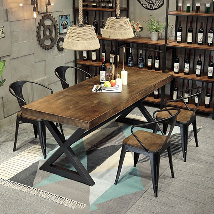 Industrial Coffee Shop Dining Table Rectangle Wood and Metal Base Dining Table