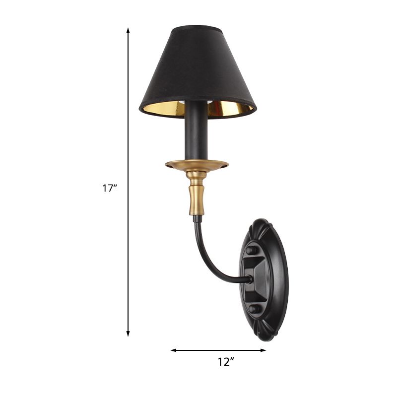 Tapered Living Room Wall Light Sconce Vintage Style Fabric 1/2 Lights Black Wall Mount Lighting with Swooping Arm
