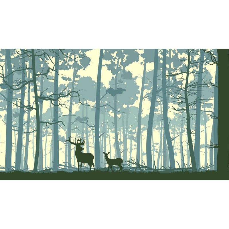 Nordic Forest Deer Silhouette Mural Blue Stain Resistant Wall Covering for Bedroom