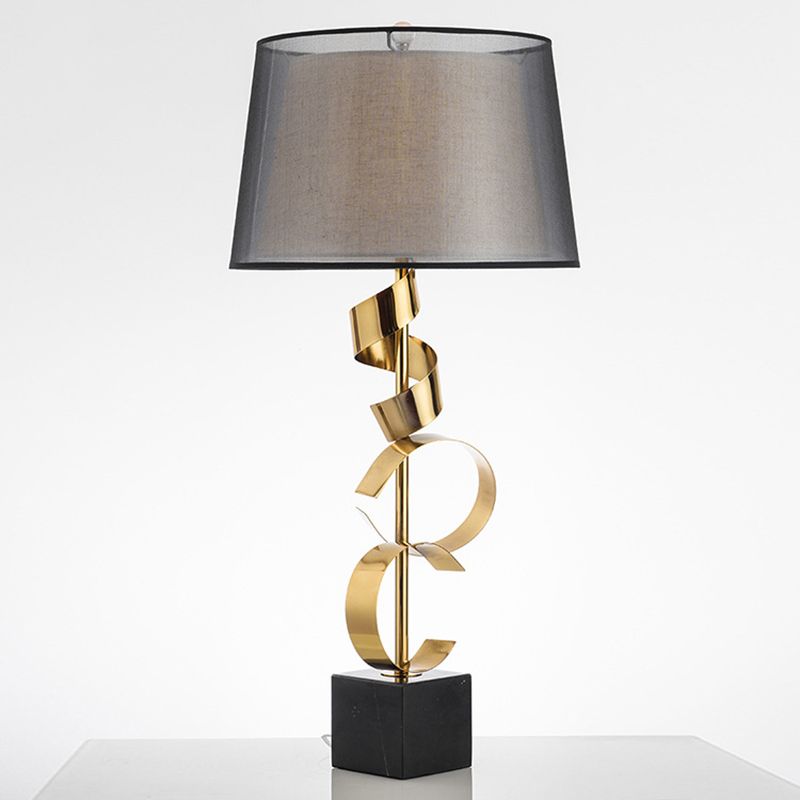 Barrel Table Light Modernist Fabric 1 Head Bedroom Nightstand Lamp in Black and Gold with Spiral Silk Ribbon Deco