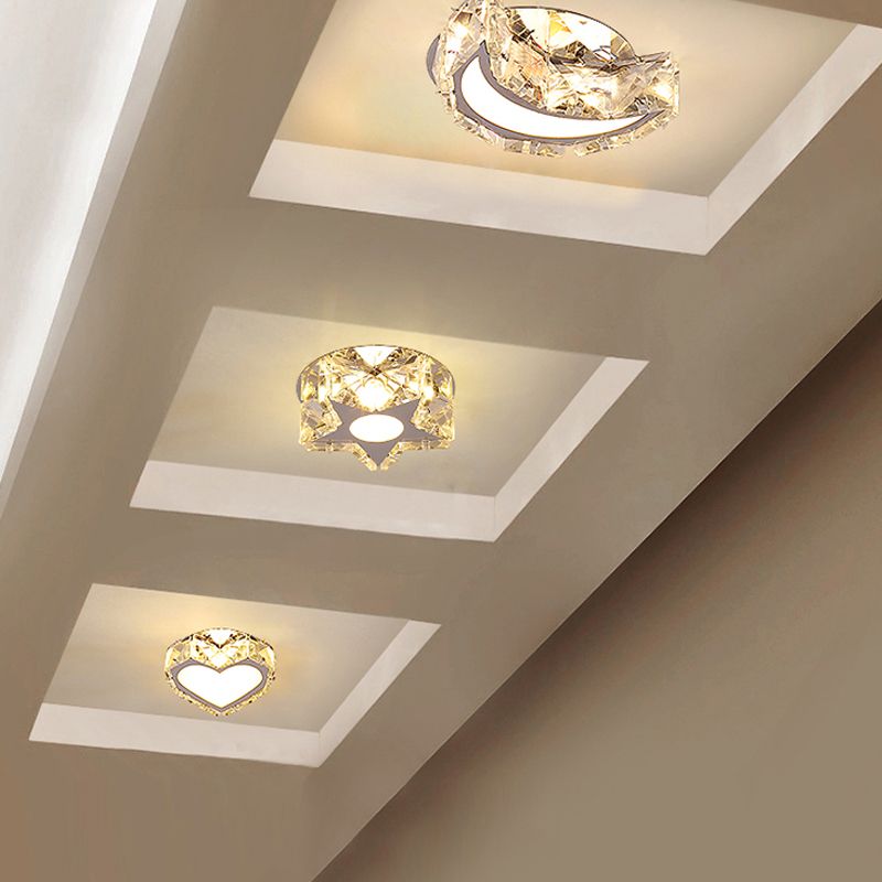 Simple Moon Flushmount Lighting Clear Faceted Crystal LED Hallway Close to Ceiling Light in Stainless-Steel