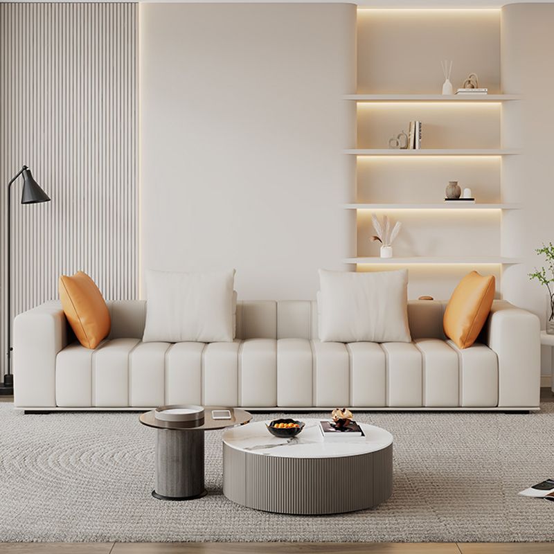 Genuine Leather Scandinavian Sofa Tuxedo Arm Sectional with Bolster Pillows